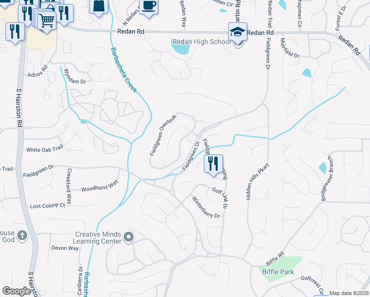 map of restaurants, bars, coffee shops, grocery stores, and more near 1437 Fieldgreen Overlook in Stone Mountain