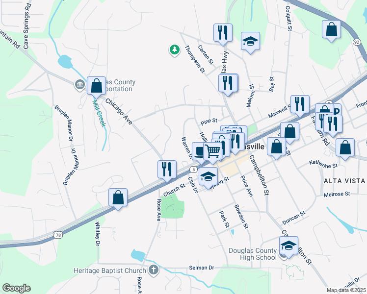 map of restaurants, bars, coffee shops, grocery stores, and more near 8401 Warren Drive in Douglasville