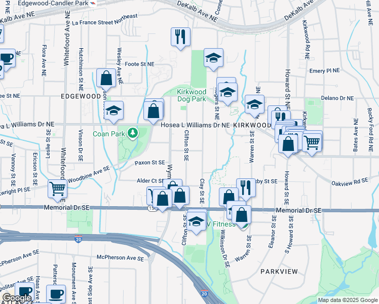 map of restaurants, bars, coffee shops, grocery stores, and more near 68 Clifton Street Southeast in Atlanta