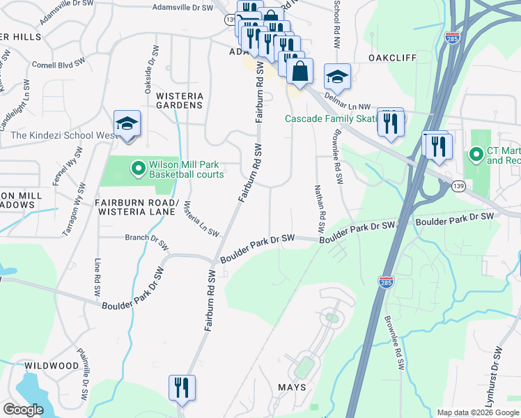 map of restaurants, bars, coffee shops, grocery stores, and more near 243 Howell Terrace Southwest in Atlanta