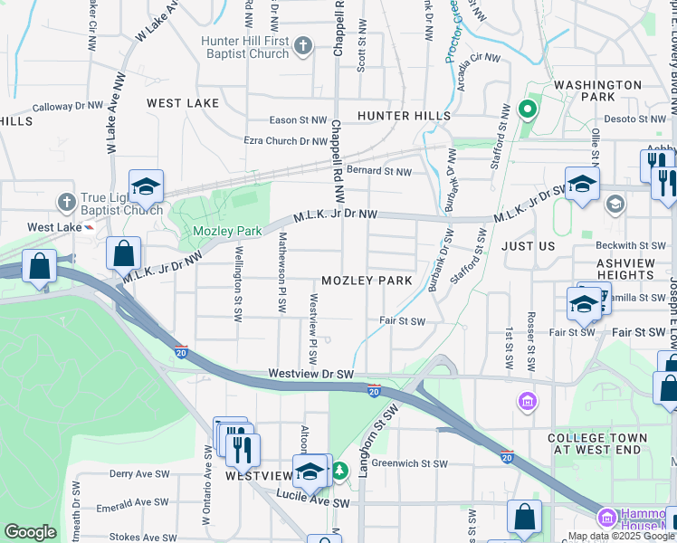 map of restaurants, bars, coffee shops, grocery stores, and more near 1407 Mozley Place Southwest in Atlanta