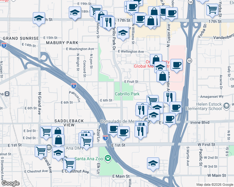 map of restaurants, bars, coffee shops, grocery stores, and more near 800 Cabrillo Park Drive in Santa Ana