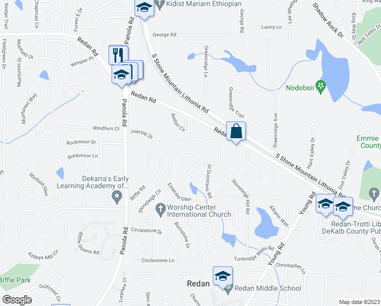 map of restaurants, bars, coffee shops, grocery stores, and more near 1310 Stoneleigh Way in Stone Mountain