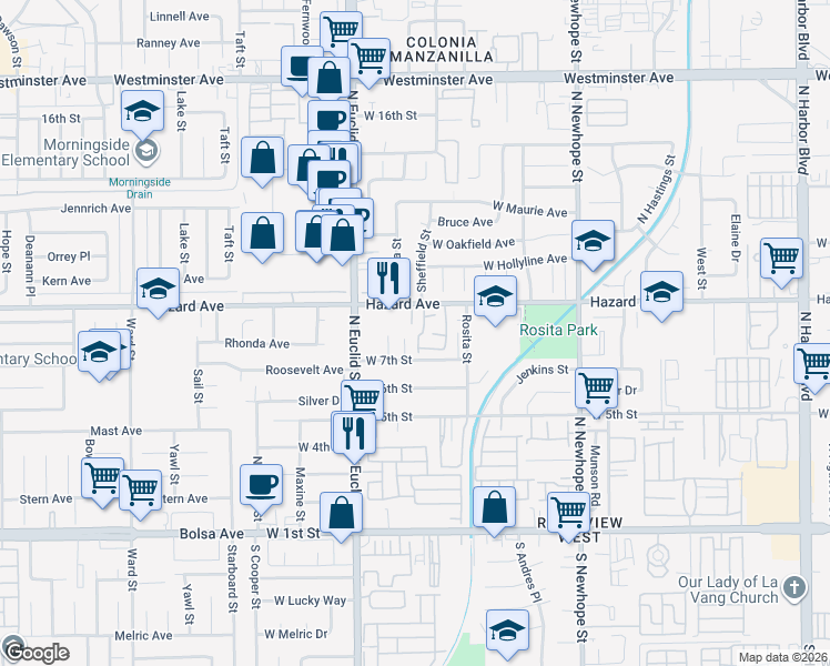 map of restaurants, bars, coffee shops, grocery stores, and more near 738 Amberwood Drive in Santa Ana