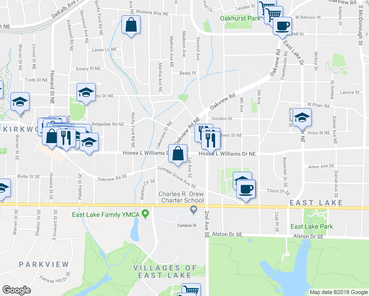 map of restaurants, bars, coffee shops, grocery stores, and more near 2310 Hosea L Williams Drive Northeast in Atlanta