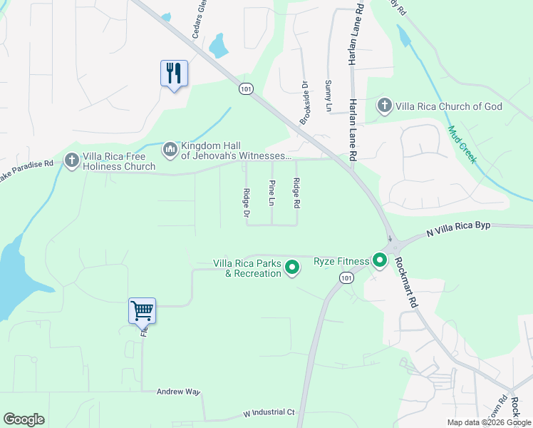 map of restaurants, bars, coffee shops, grocery stores, and more near 103 Pine Lane in Villa Rica