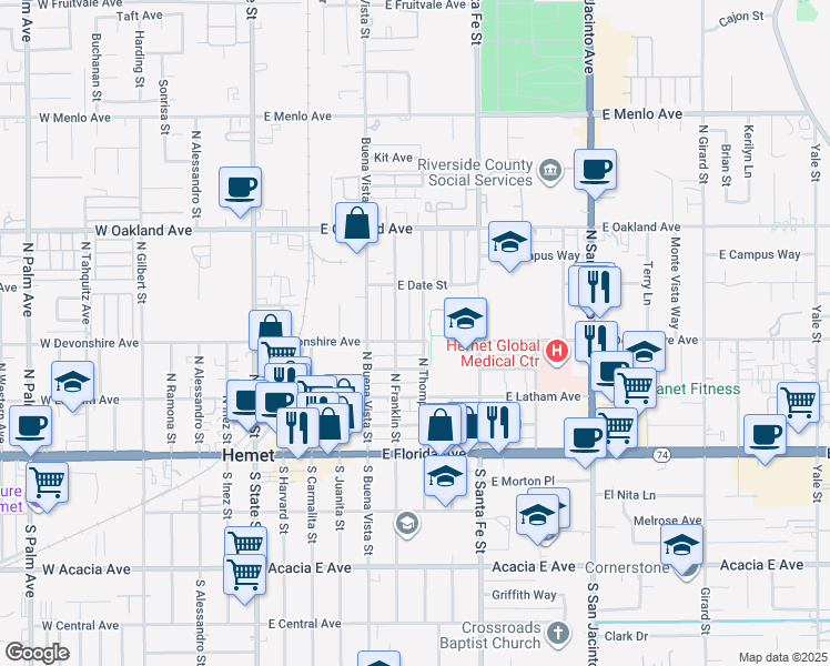 map of restaurants, bars, coffee shops, grocery stores, and more near 309 North Thompson Street in Hemet
