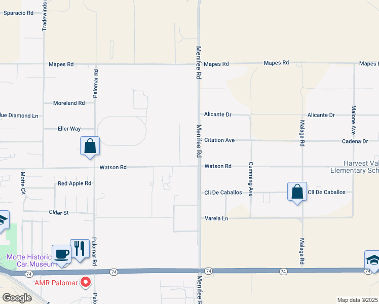 map of restaurants, bars, coffee shops, grocery stores, and more near Menifee Road in Romoland