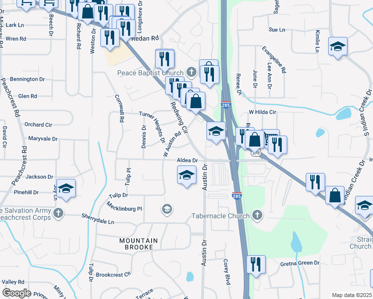 map of restaurants, bars, coffee shops, grocery stores, and more near 3803 Turner Heights Drive in Decatur
