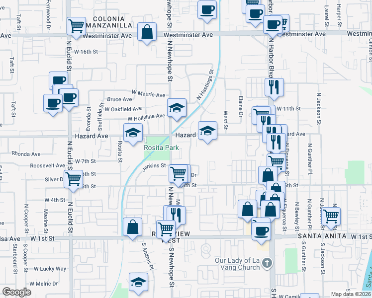 map of restaurants, bars, coffee shops, grocery stores, and more near 801 North Mountain View Street in Santa Ana