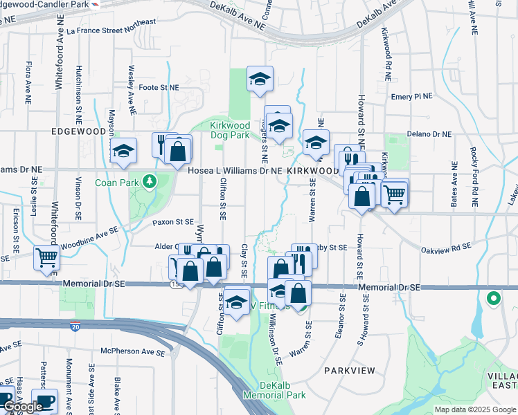 map of restaurants, bars, coffee shops, grocery stores, and more near 70 Clay Street Northeast in Atlanta