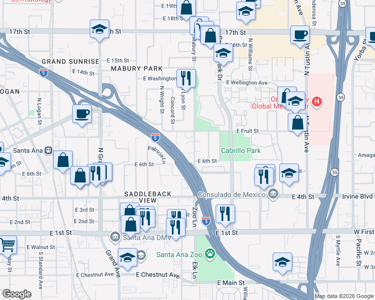 map of restaurants, bars, coffee shops, grocery stores, and more near 641 Concord Street in Santa Ana