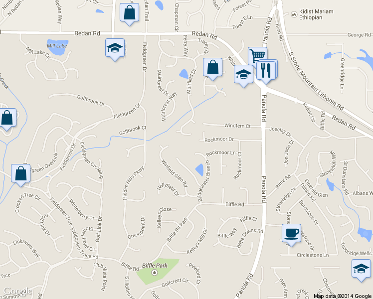 map of restaurants, bars, coffee shops, grocery stores, and more near 1388 Bridgewater Branch in Stone Mountain