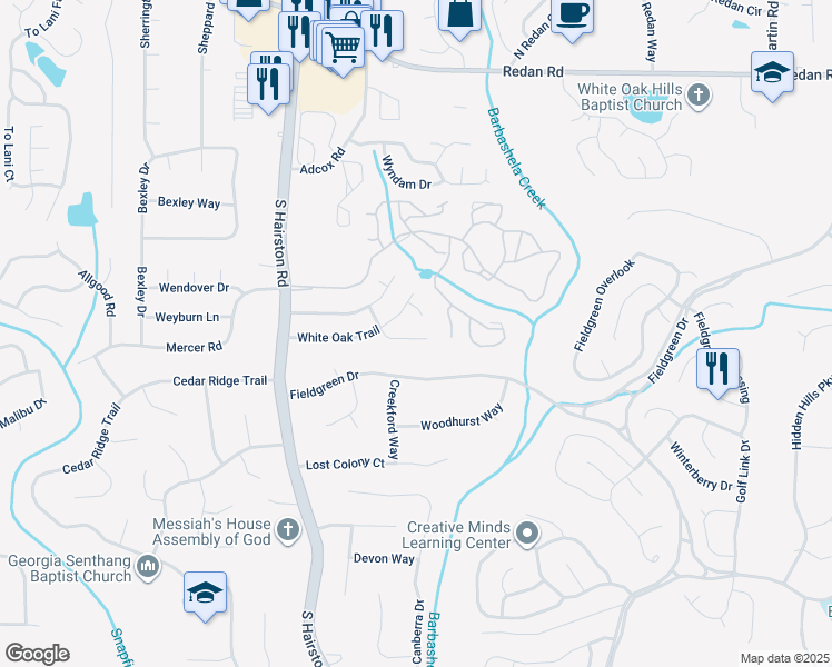 map of restaurants, bars, coffee shops, grocery stores, and more near 4828 White Oak Tree in Stone Mountain