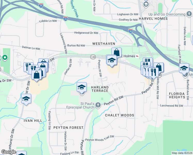 map of restaurants, bars, coffee shops, grocery stores, and more near 123 Peyton Place Southwest in Atlanta