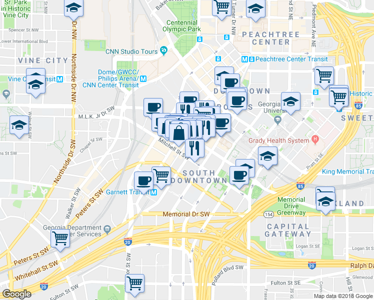 map of restaurants, bars, coffee shops, grocery stores, and more near 123 Peachtree Street Southwest in Atlanta