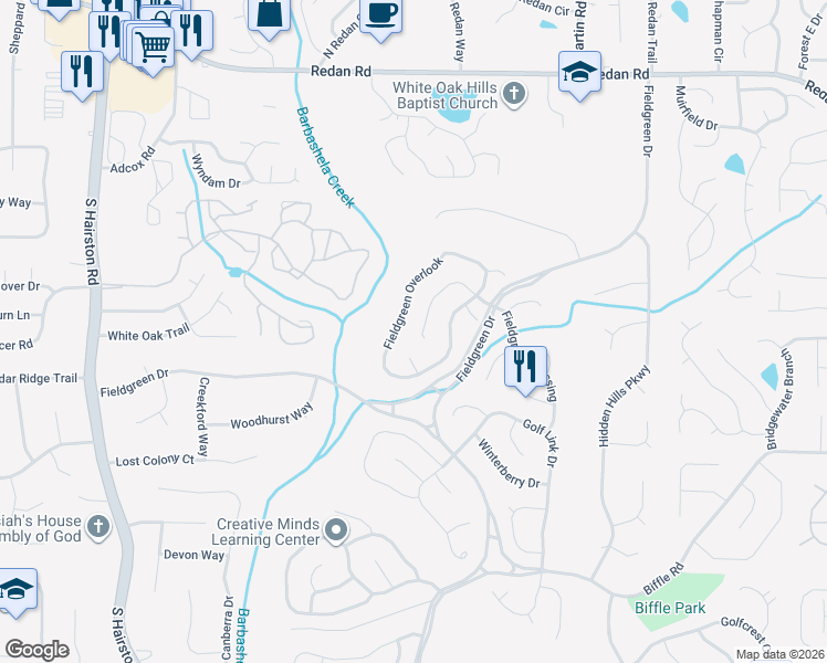 map of restaurants, bars, coffee shops, grocery stores, and more near 5018 Fieldgreen Crossing in Stone Mountain