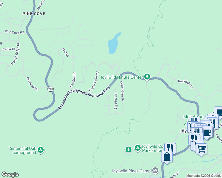 map of restaurants, bars, coffee shops, grocery stores, and more near 53620 Jeffery Pine Road in Idyllwild-Pine Cove