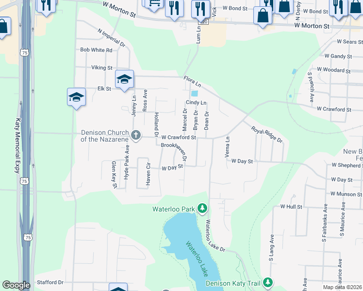 map of restaurants, bars, coffee shops, grocery stores, and more near 2529 Brookhaven Drive in Denison