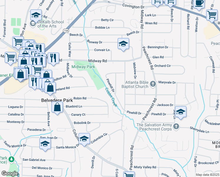 map of restaurants, bars, coffee shops, grocery stores, and more near 3213 Pinehill Drive in Decatur