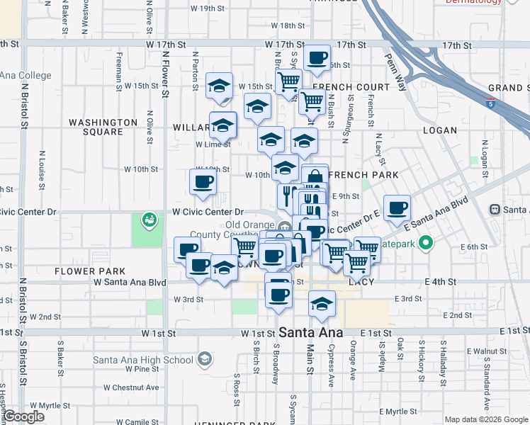 map of restaurants, bars, coffee shops, grocery stores, and more near 400 West Civic Center Drive in Santa Ana