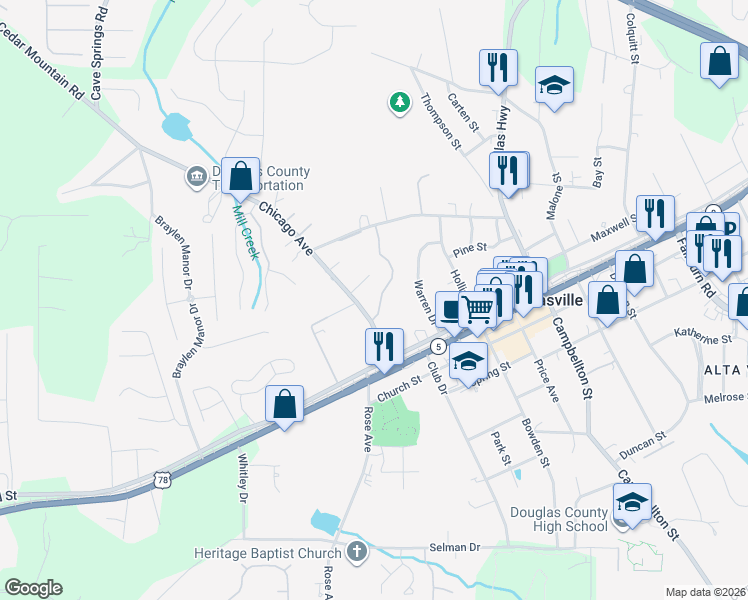 map of restaurants, bars, coffee shops, grocery stores, and more near 8424 Chicago Avenue in Douglasville