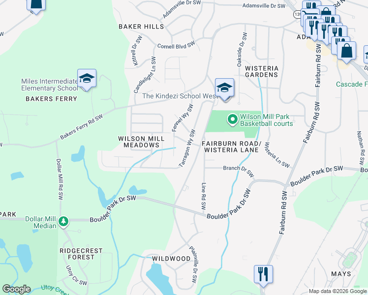 map of restaurants, bars, coffee shops, grocery stores, and more near 411 Tarragon Way Southwest in Atlanta
