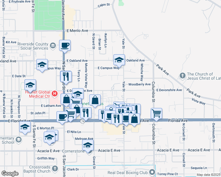 map of restaurants, bars, coffee shops, grocery stores, and more near 1958 East Devonshire Avenue in Hemet