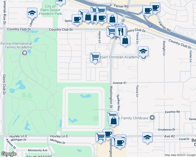 map of restaurants, bars, coffee shops, grocery stores, and more near 40785 Breezy Pass Road in Palm Desert