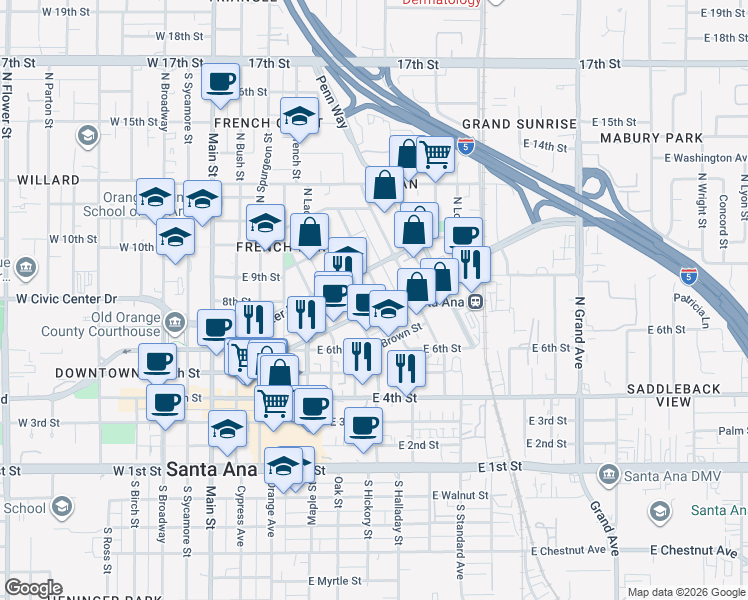map of restaurants, bars, coffee shops, grocery stores, and more near 703 North Lacy Street in Santa Ana