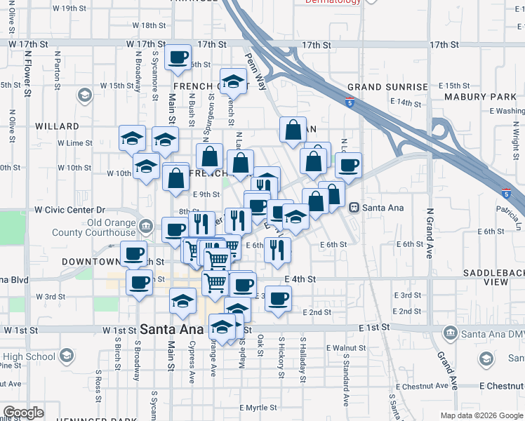 map of restaurants, bars, coffee shops, grocery stores, and more near 727 North Minter Street in Santa Ana