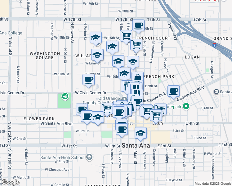 map of restaurants, bars, coffee shops, grocery stores, and more near 309 West Civic Center Drive in Santa Ana