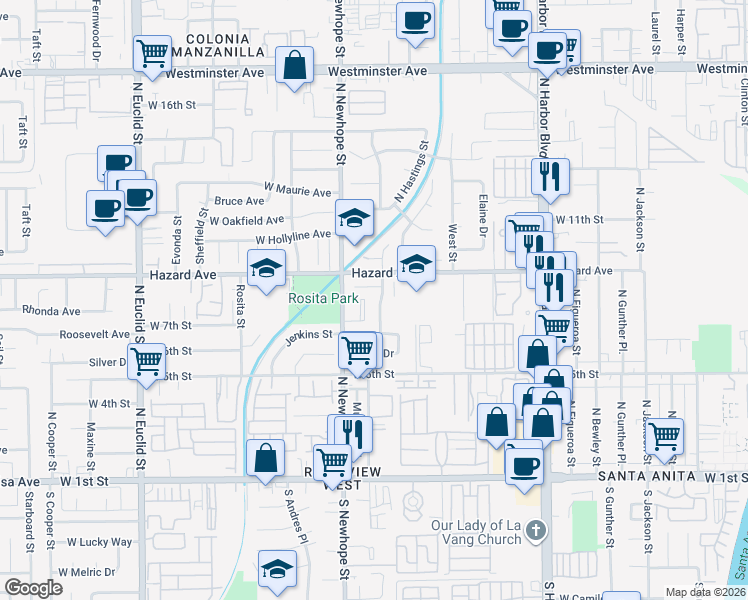 map of restaurants, bars, coffee shops, grocery stores, and more near 801 North Mountain View Street in Santa Ana