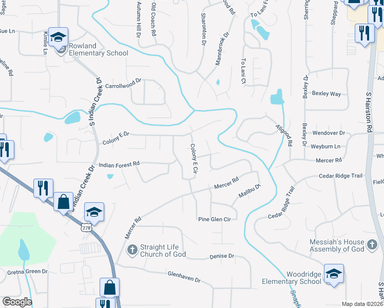 map of restaurants, bars, coffee shops, grocery stores, and more near 1471 Colony East Circle in Stone Mountain