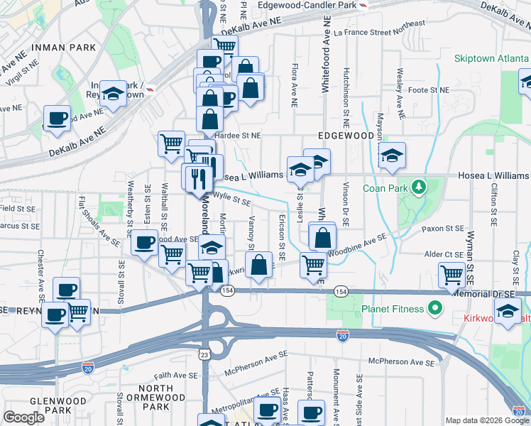 map of restaurants, bars, coffee shops, grocery stores, and more near 1305 Wylie Street Southeast in Atlanta