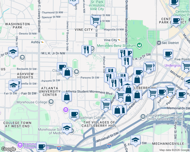 map of restaurants, bars, coffee shops, grocery stores, and more near 113a Vine Street Southwest in Atlanta