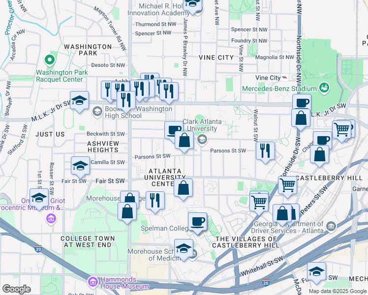 map of restaurants, bars, coffee shops, grocery stores, and more near 114 James P Brawley Drive Southwest in Atlanta