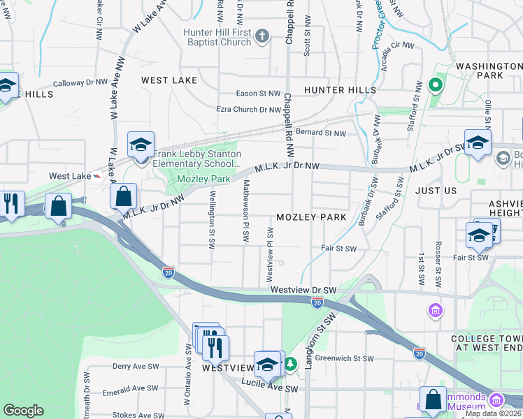 map of restaurants, bars, coffee shops, grocery stores, and more near 1459 Mozley Place Southwest in Atlanta