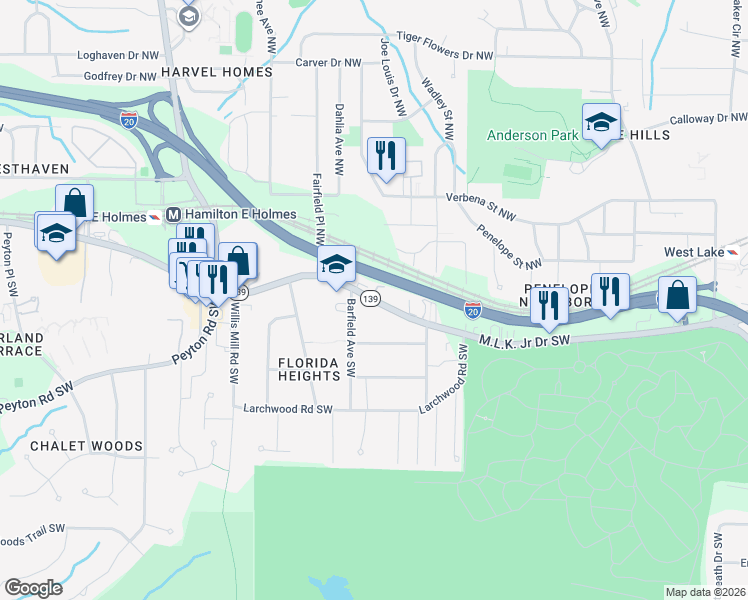 map of restaurants, bars, coffee shops, grocery stores, and more near 2163 Martin Luther King Junior Drive Southwest in Atlanta