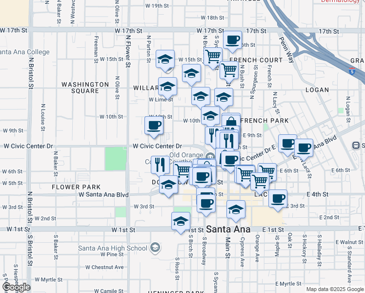 map of restaurants, bars, coffee shops, grocery stores, and more near in Santa Ana