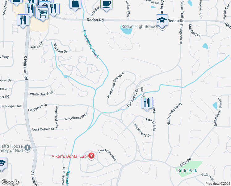 map of restaurants, bars, coffee shops, grocery stores, and more near 5018 Fieldgreen Crossing in Stone Mountain