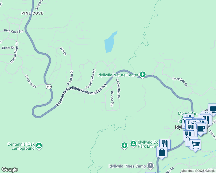 map of restaurants, bars, coffee shops, grocery stores, and more near 53620 Jeffery Pine Road in Idyllwild-Pine Cove