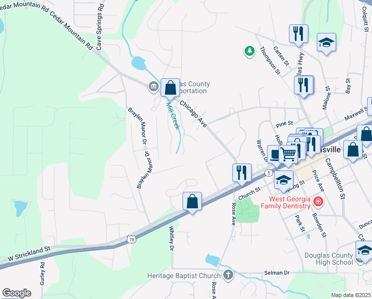 map of restaurants, bars, coffee shops, grocery stores, and more near 7038 Branch Crossing Way in Douglasville