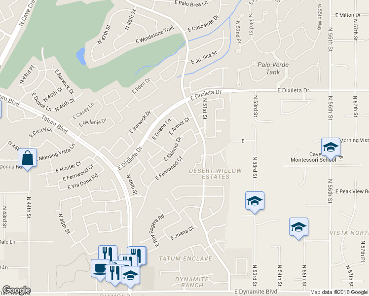 map of restaurants, bars, coffee shops, grocery stores, and more near 4924 East Fernwood Court in Cave Creek