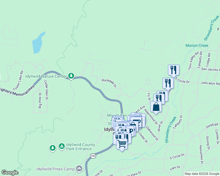 map of restaurants, bars, coffee shops, grocery stores, and more near 25460 Fernleaf Drive in Idyllwild-Pine Cove