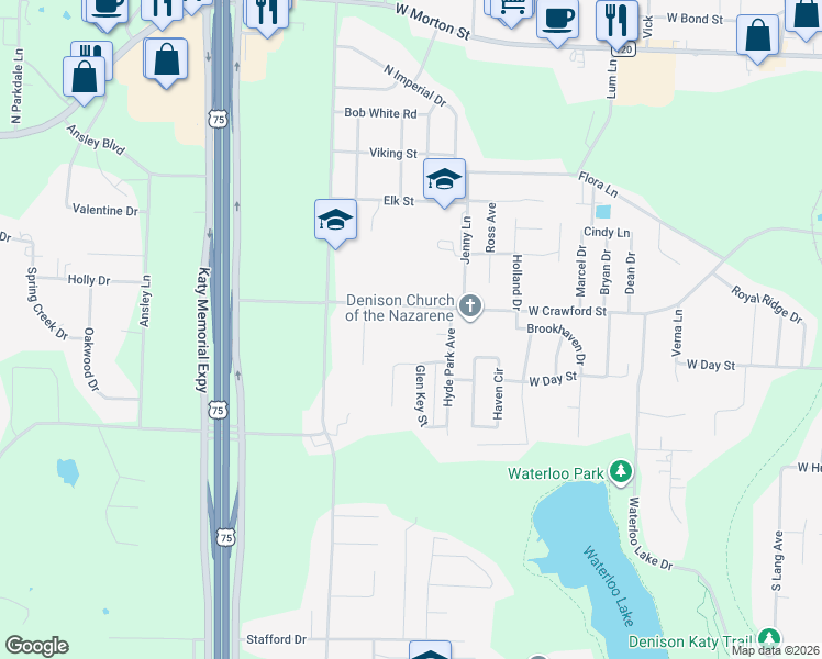 map of restaurants, bars, coffee shops, grocery stores, and more near 2820 Hyde Park Circle in Denison