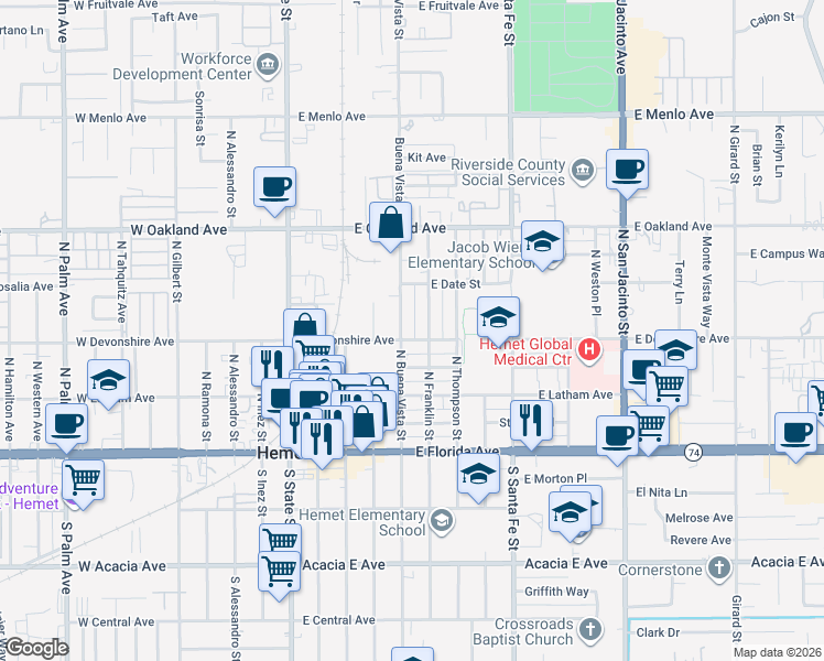 map of restaurants, bars, coffee shops, grocery stores, and more near 308 North Buena Vista Street in Hemet
