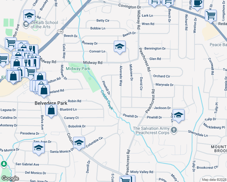 map of restaurants, bars, coffee shops, grocery stores, and more near 1422 Sandy Lane in Decatur