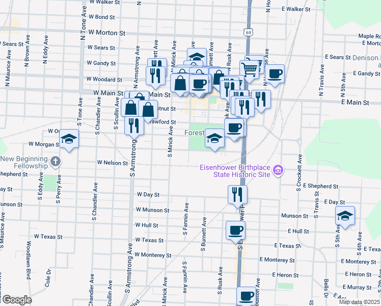 map of restaurants, bars, coffee shops, grocery stores, and more near 430 West Morgan Street in Denison