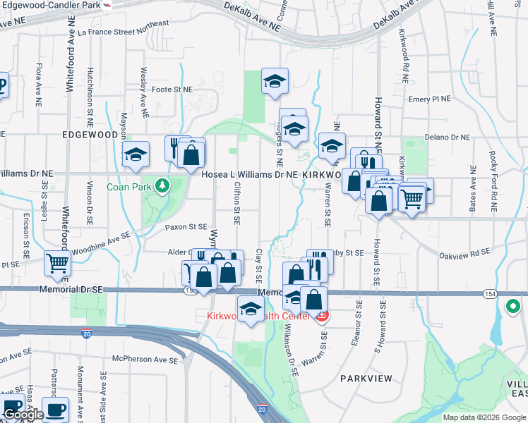 map of restaurants, bars, coffee shops, grocery stores, and more near 70 Clay Street Southeast in Atlanta